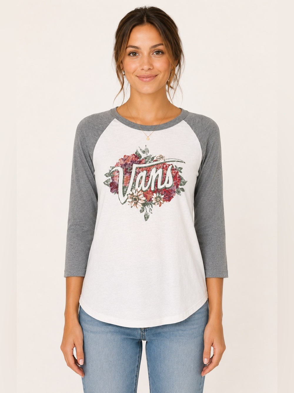 Vans Floral Logo Graphic Raglan 3/4 Sleeve Tee Gray White XS Skate Casual